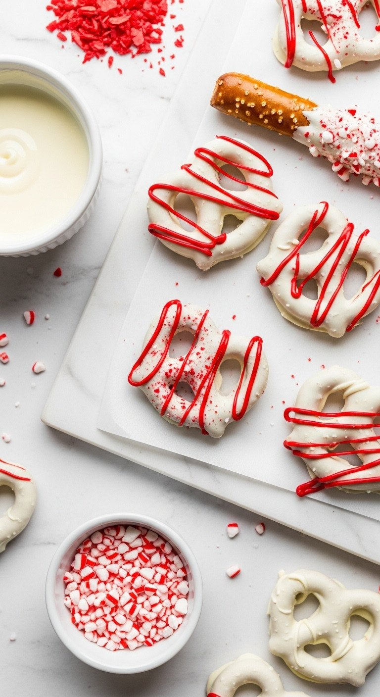 Flat Lay Of White Chocolate-Dipped Pretzels With Red Icing Drizzle And Crushed Peppermint Sprinkles On A White Marble Surface.