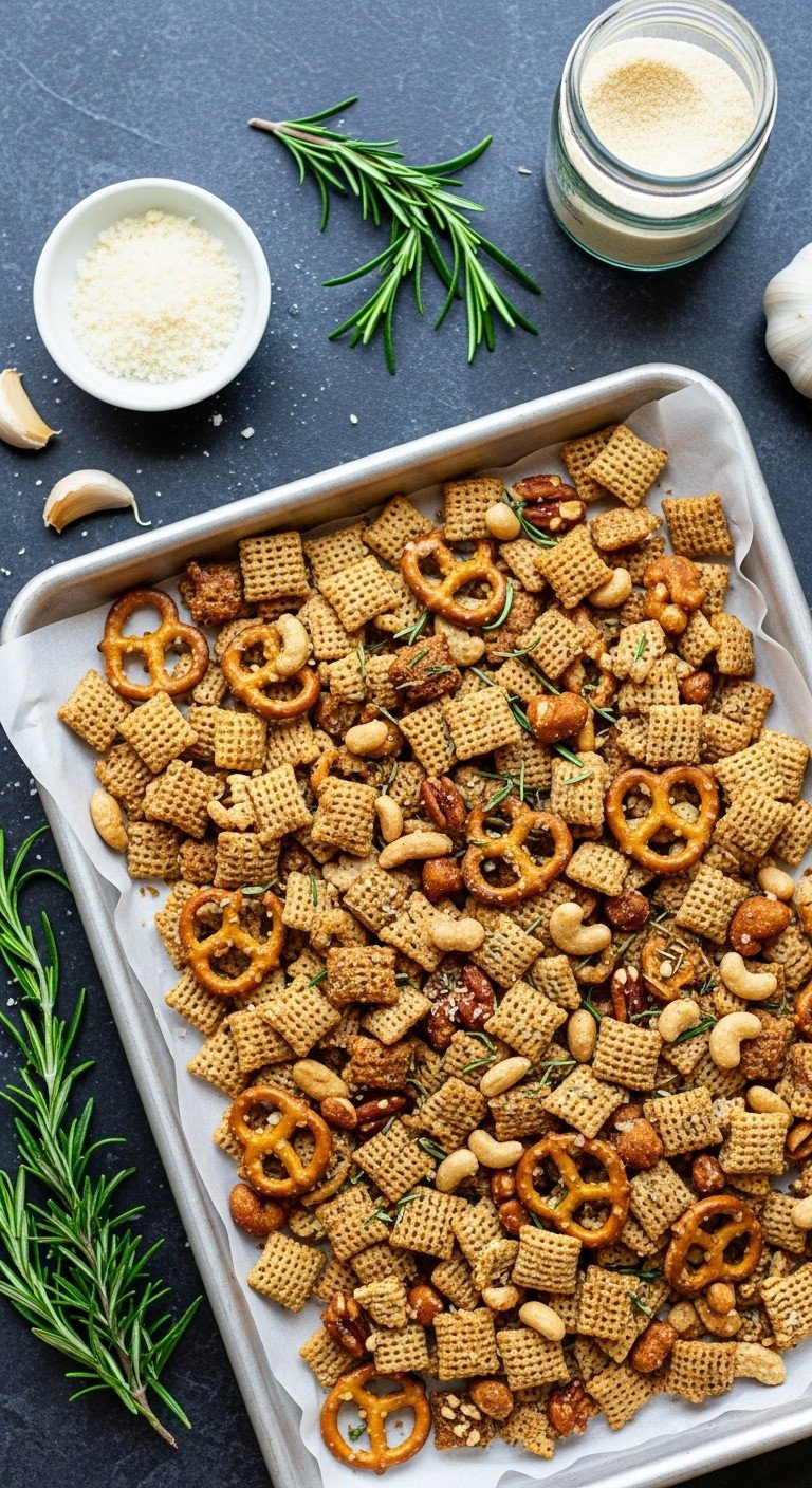 Flat Lay Savory Rosemary Garlic Parmesan Chex Mix, Pretzel Nuggets, Nuts, Fresh Rosemary On White Platter. Elegant Snack.