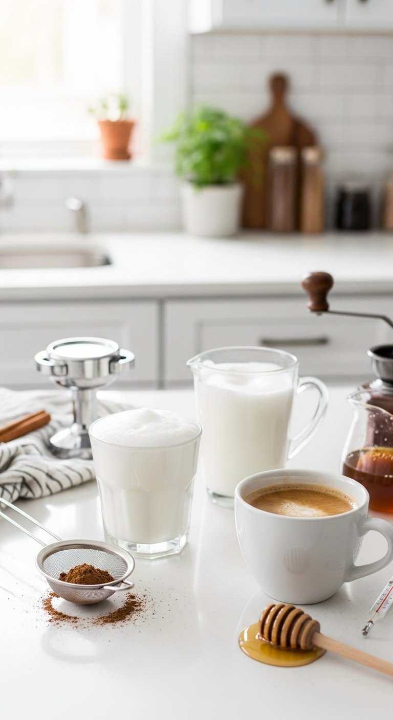 Flat Lay Showing Latte Troubleshooting Tools Like A Sieve Cinnamon Powder And Microfoam On A White Countertop.