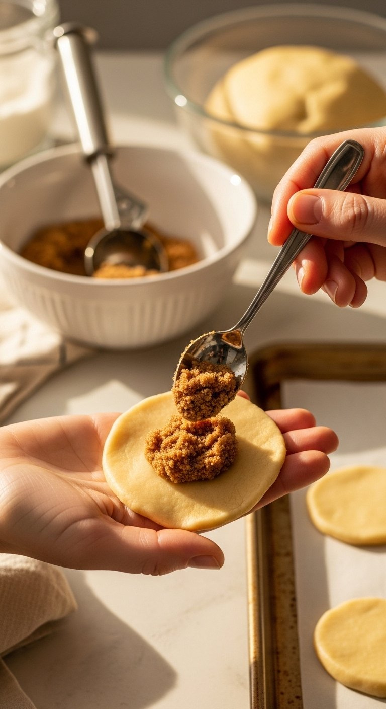 Flattened Cookie Dough Disc In Hand Receives A Spoonful Of Brown Sugar Cinnamon Filling During Assembly Process.
