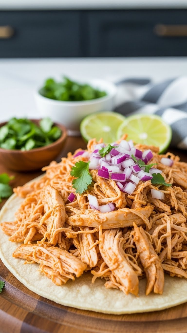Flavorful 21 Day Fix Instant Pot Shredded Mexican Chicken On A Rustic Wooden Board With Cilantro And Lime.