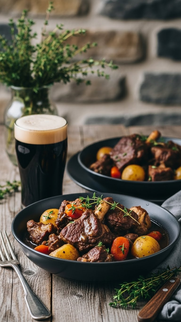Flavorful Irish Lamb Stew With Tender Pieces, Potatoes, And Carrots In Dark Bowl On Weathered Wood