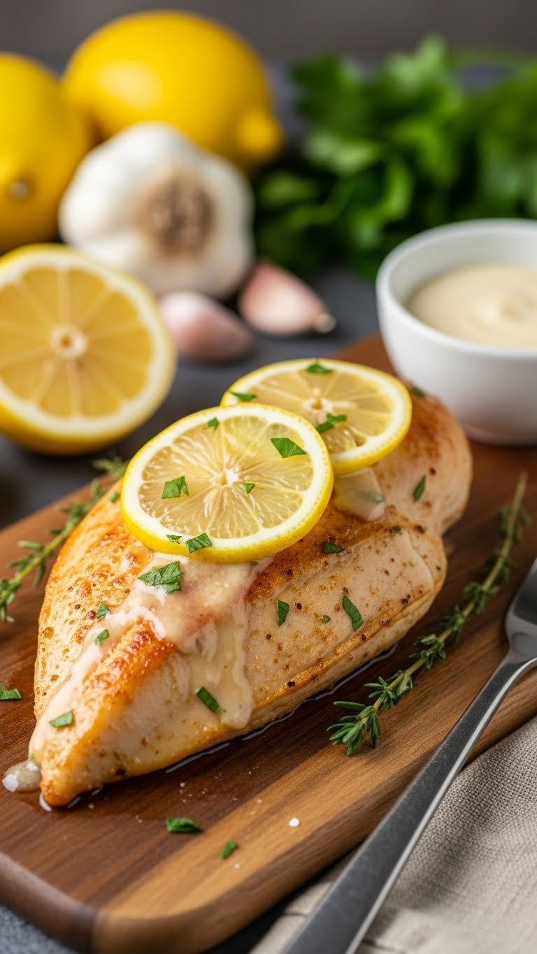 Flavorful Lemon Garlic Instant Pot Chicken Breast Garnished With Herbs And Lemon On A Rustic Wooden Board, Perfect For A Healthy Dinner.
