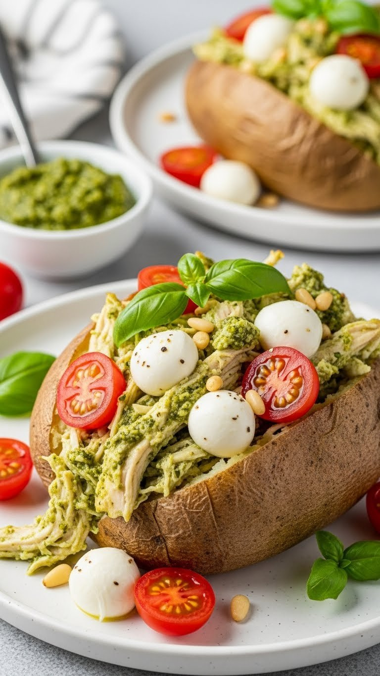 Flavorful Pesto Chicken And Tomato Baked Potato With Mozzarella Pearls And Basil Leaves