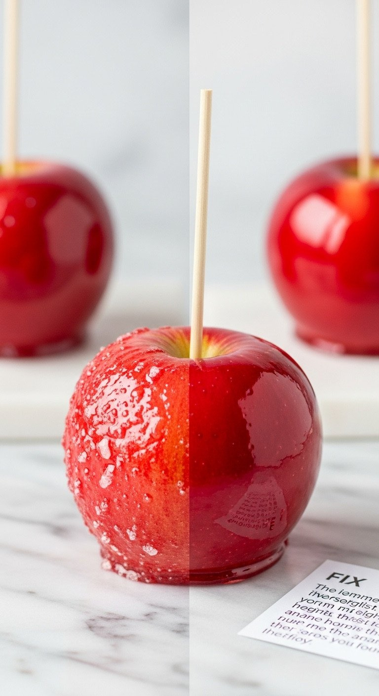 Flawed, Sticky Red Candy Apple Next To A Perfect, Glossy One On Marble, Highlighting Coating Differences For Baking Tips.