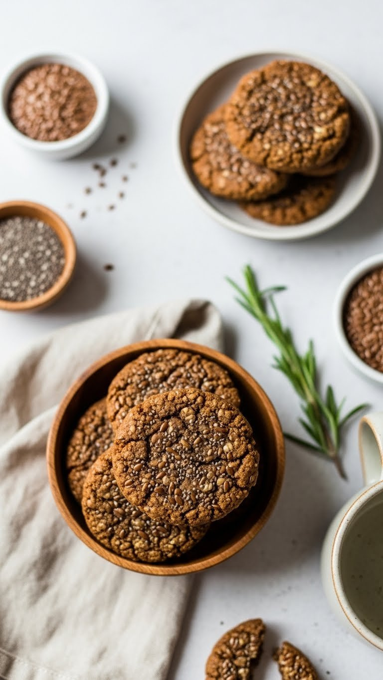 Flax And Chia Seed Power Cookies With Visible Seeds Displayed On Linen Napkin In Minimalist Arrangement