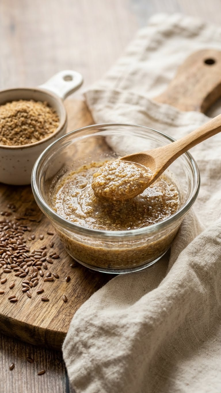 Flax Egg Mixture, Thick Gel Of Ground Flaxseed And Water In A Glass Bowl On A Wooden Board. Ideal Vegan Baking Egg Substitute.