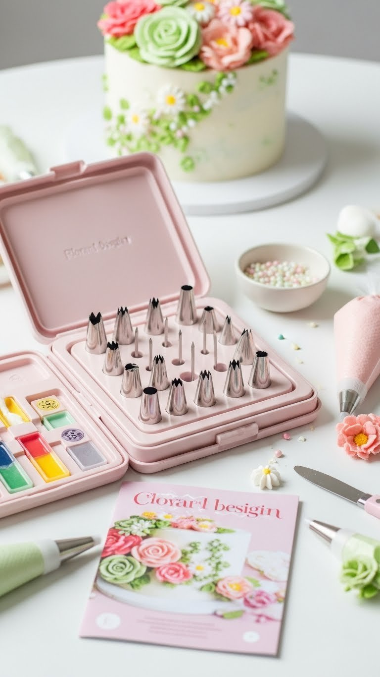 Floral Cake Decorating Kit With Piping Tips And Frosting On White Surface With Decorated Cake