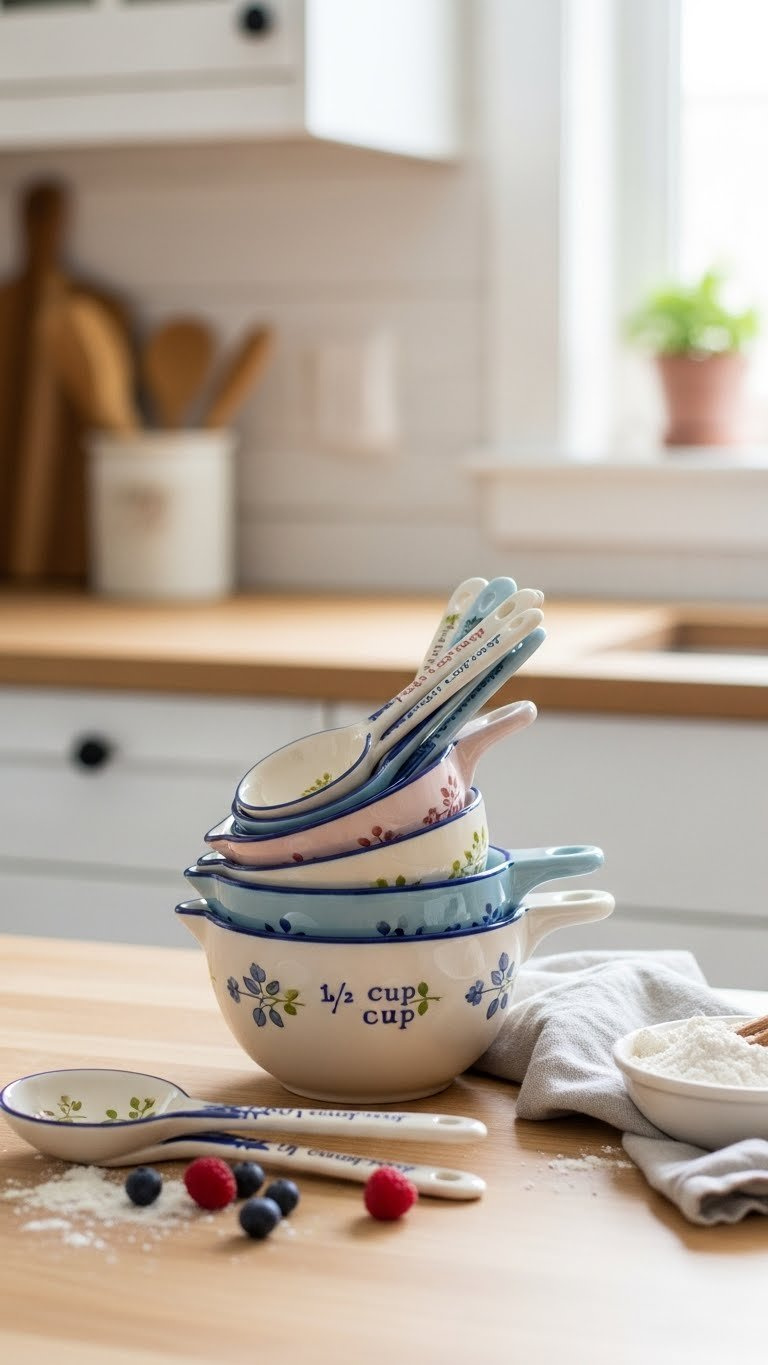 Floral Ceramic Measuring Cups And Spoons Artfully Arranged On Light Wooden Kitchen Counter