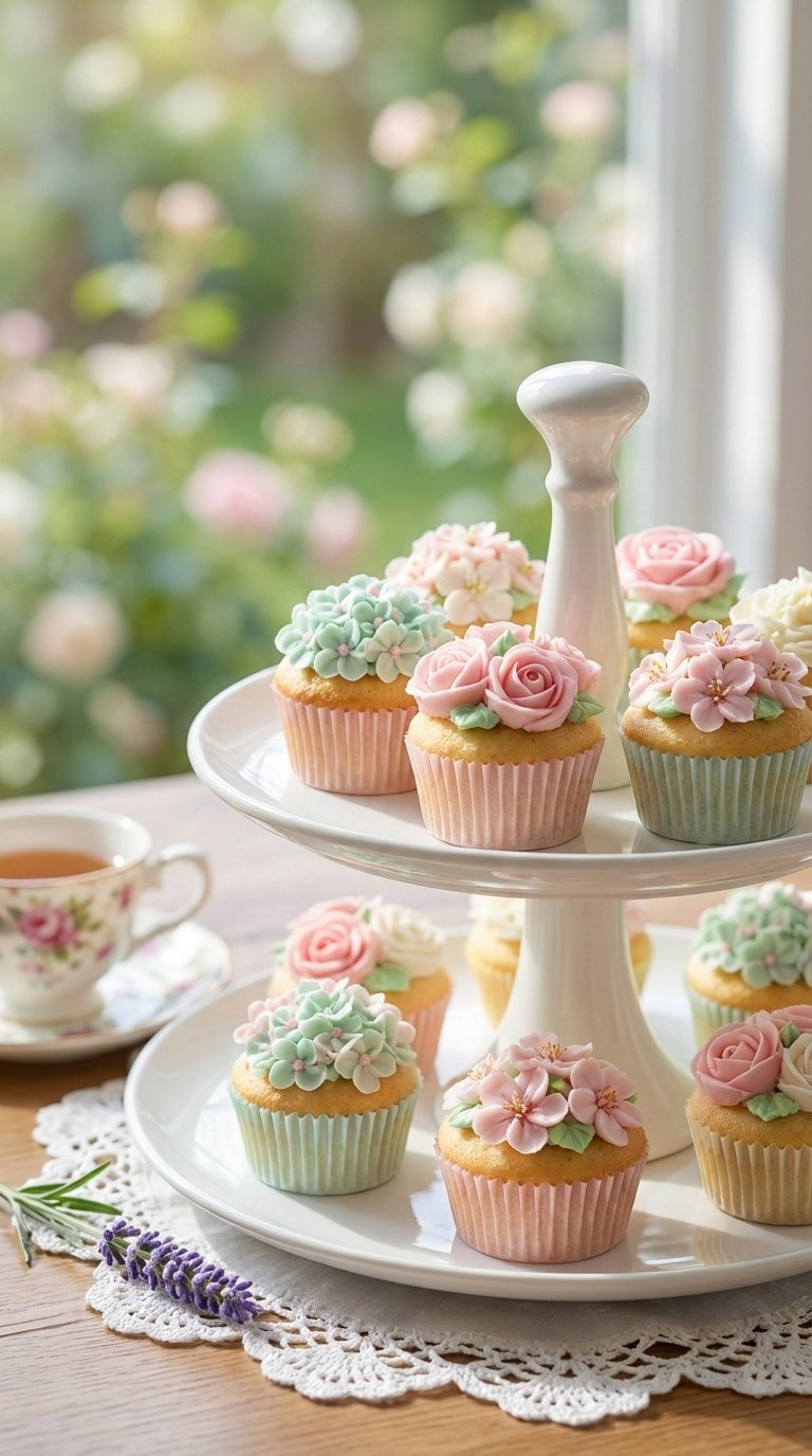 Floral-Decorated Mini Cupcakes With Pastel Frosting On White Tiered Serving Stand