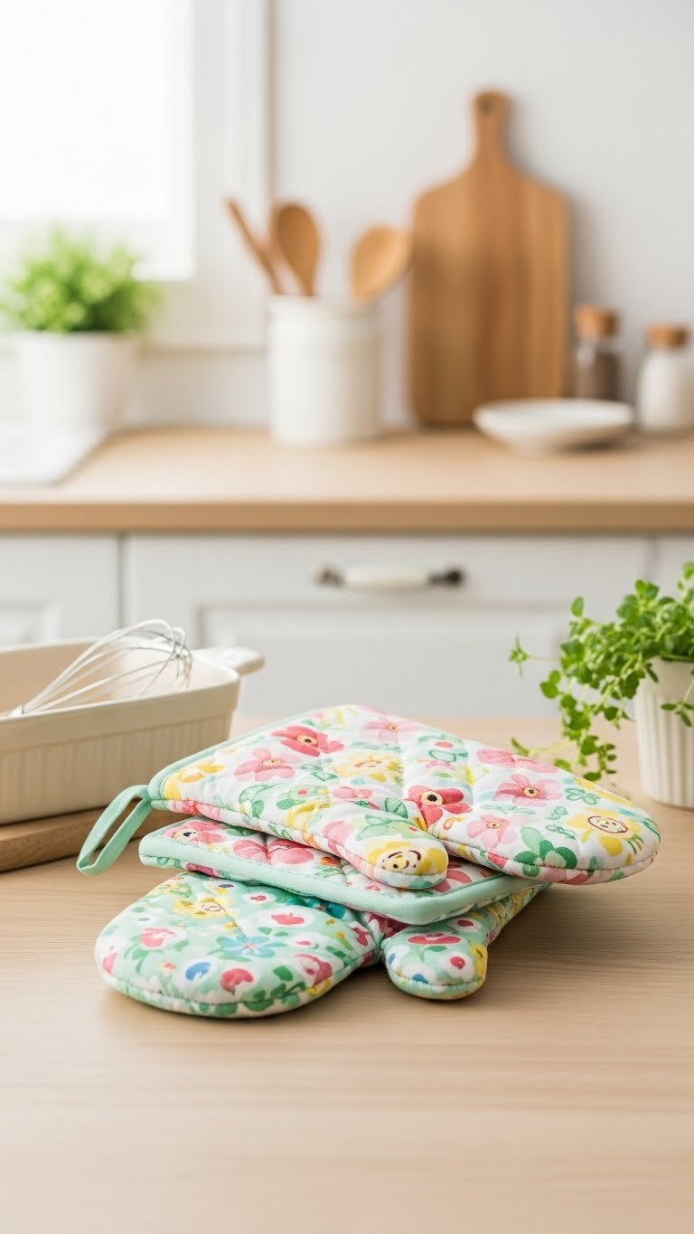 Floral Oven Mitts And Pot Holders Set Folded On Light Wooden Kitchen Countertop