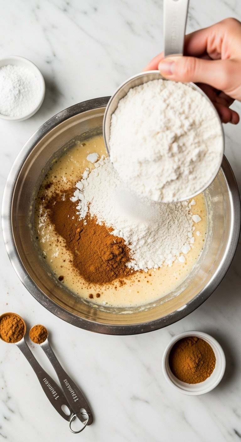 Flour, Baking Powder, Cinnamon Folded Into Cake Batter In A Stainless Steel Bowl On A Marble Counter. Key Dry Ingredients.
