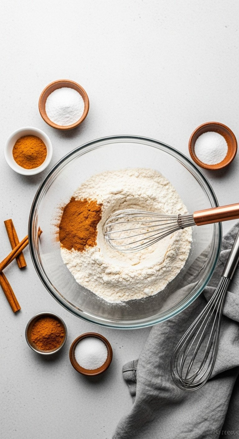 Flour, Cinnamon, Baking Soda, Salt Whisked In Glass Bowl On Concrete. Copper Whisk, Cinnamon Sticks. Bright, Minimalist Kitchen Baking.