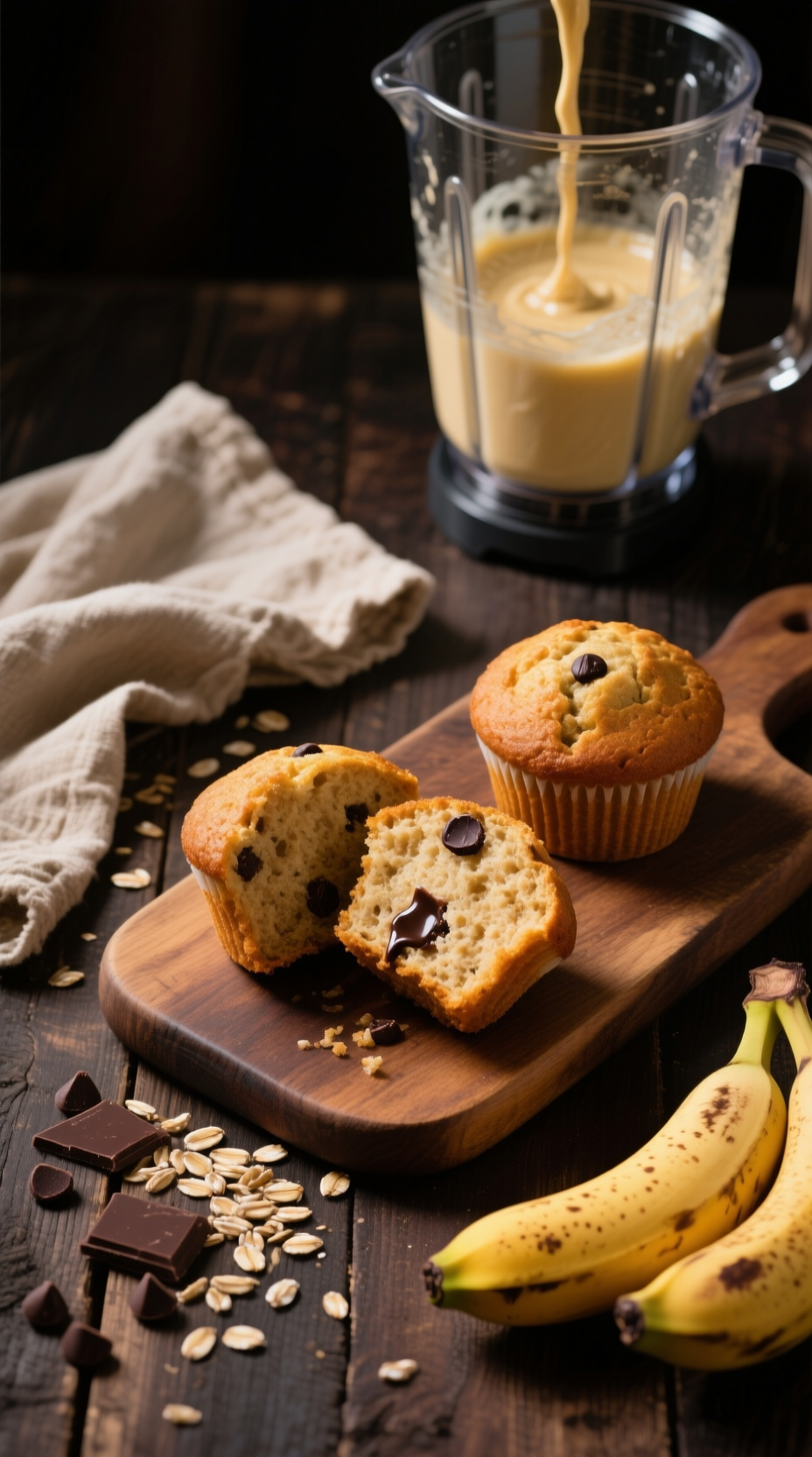 Flourless Banana Blender Muffins On A Wooden Board With A Blender And Ripe Bananas In Warm Moody Light