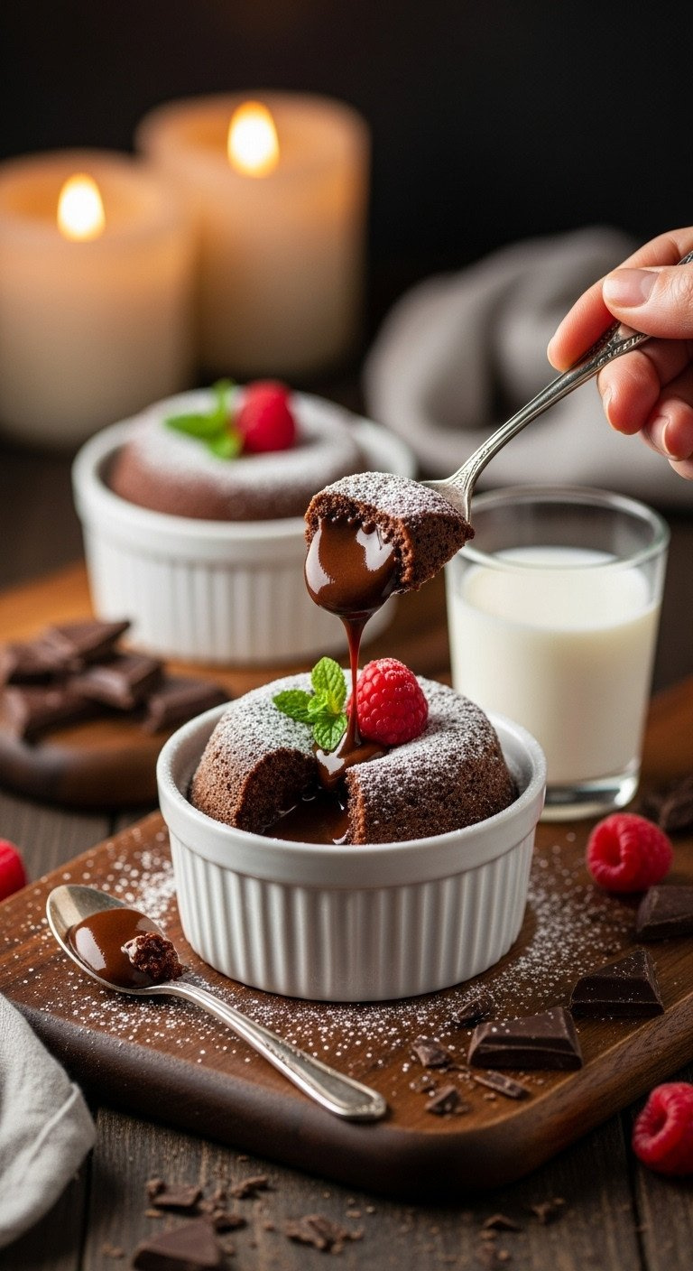 Flourless Chocolate Lava Cake In A Ramekin With Molten Center, Powdered Sugar, Raspberry &Amp; Spoon. Elegant Gourmet Dessert.