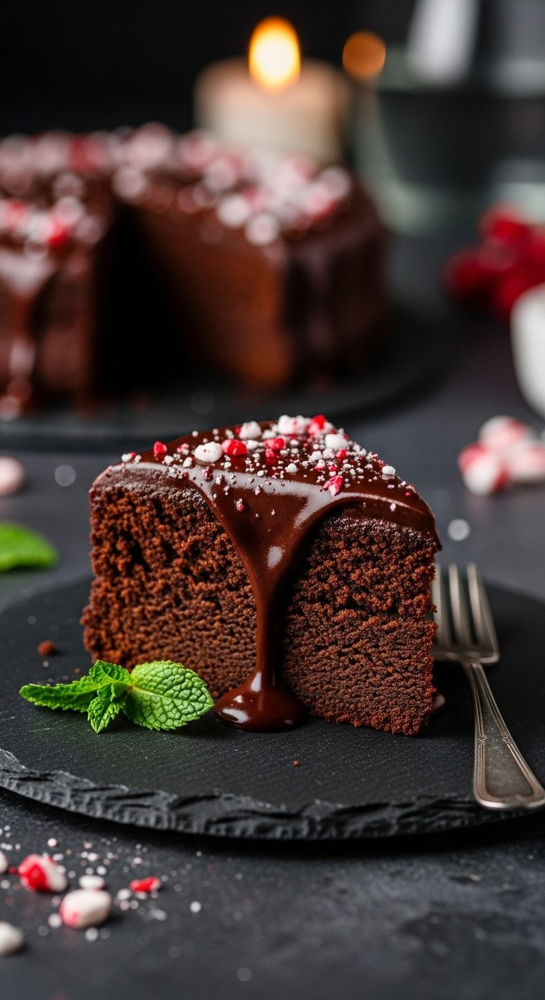 Flourless Peppermint Chocolate Cake Slice: Fudgy, Ganache Drip, Cocoa, Crushed Peppermint, And A Mint Leaf.
