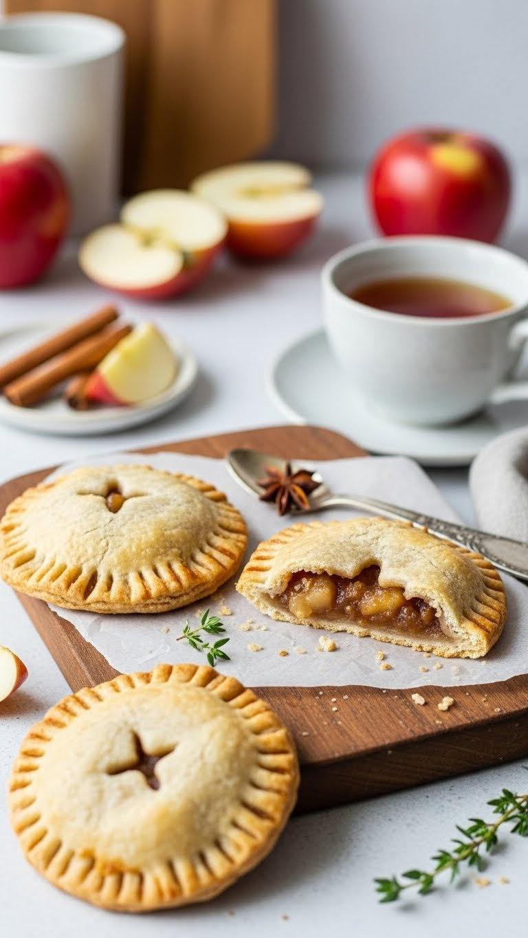 Flower-Shaped Whole Wheat Apple Hand Pies With Visible Filling On Rustic Wooden Baking Board
