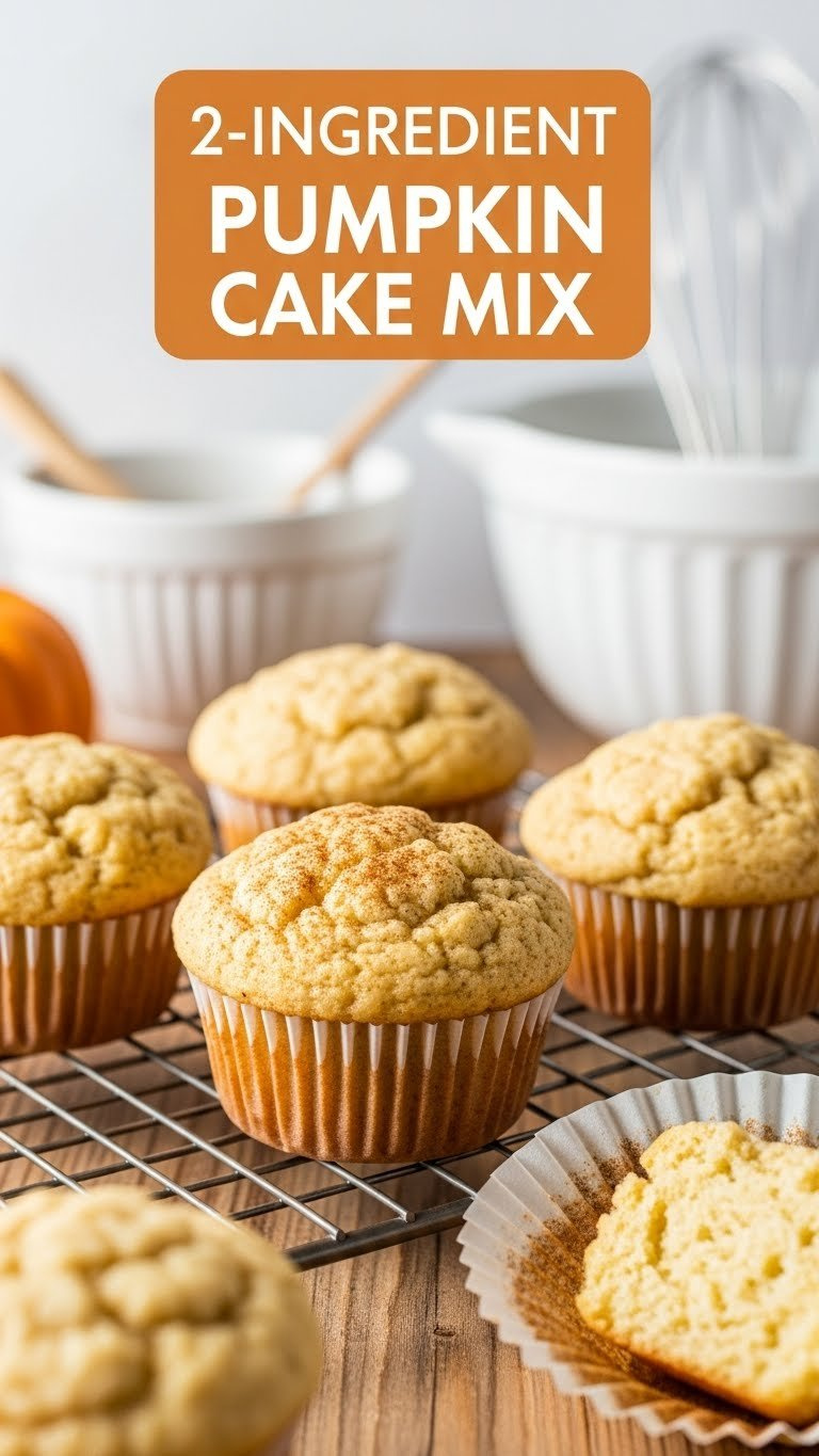 Fluffy 2-Ingredient Pumpkin Cake Mix Muffins With Cinnamon Dusting On A Cooling Rack, Light Wooden Surface, Kitchen Tools.