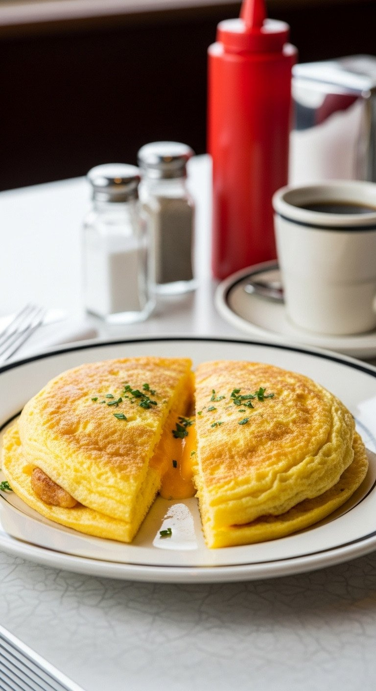 Fluffy American-Style Omelet With Melted Cheddar Cheese On A White Plate In A Classic Diner Setting For A Hearty Breakfast.