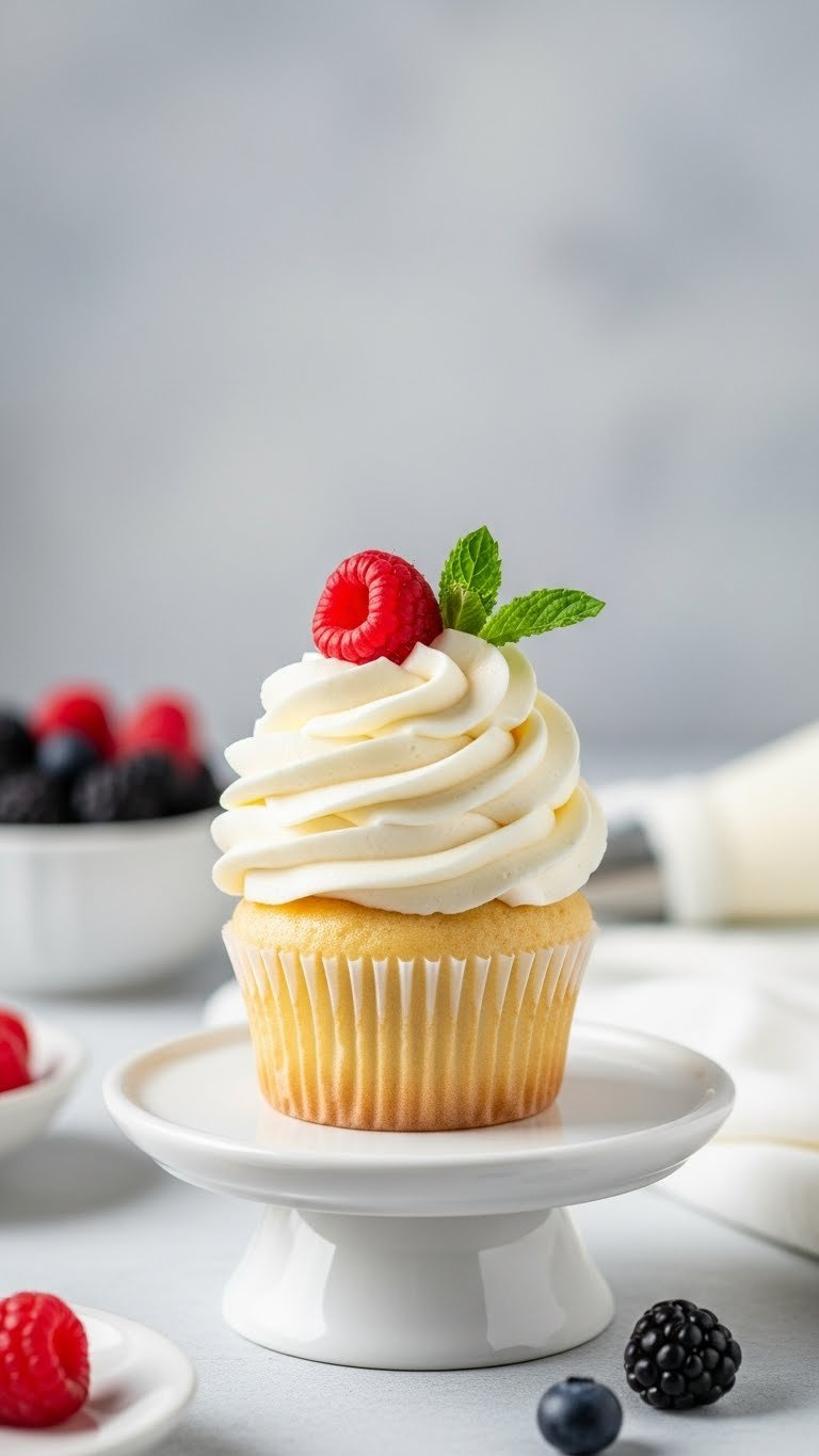 Fluffy Greek Yogurt Frosting Piped Swirl On Cupcake With Fresh Berry Garnish