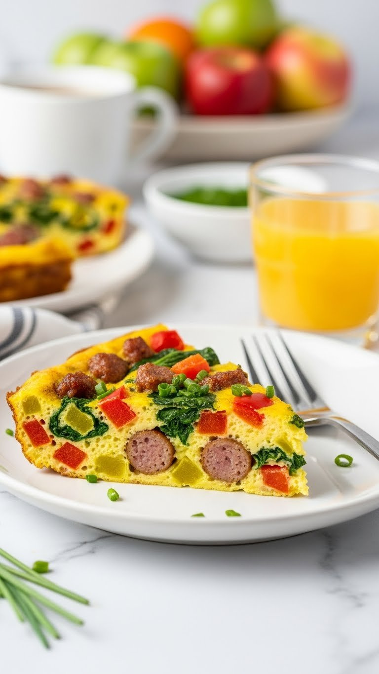 Fluffy Instant Pot Whole30 Breakfast Frittata Slice With Bell Peppers, Spinach, And Sausage On A White Plate With Chives.