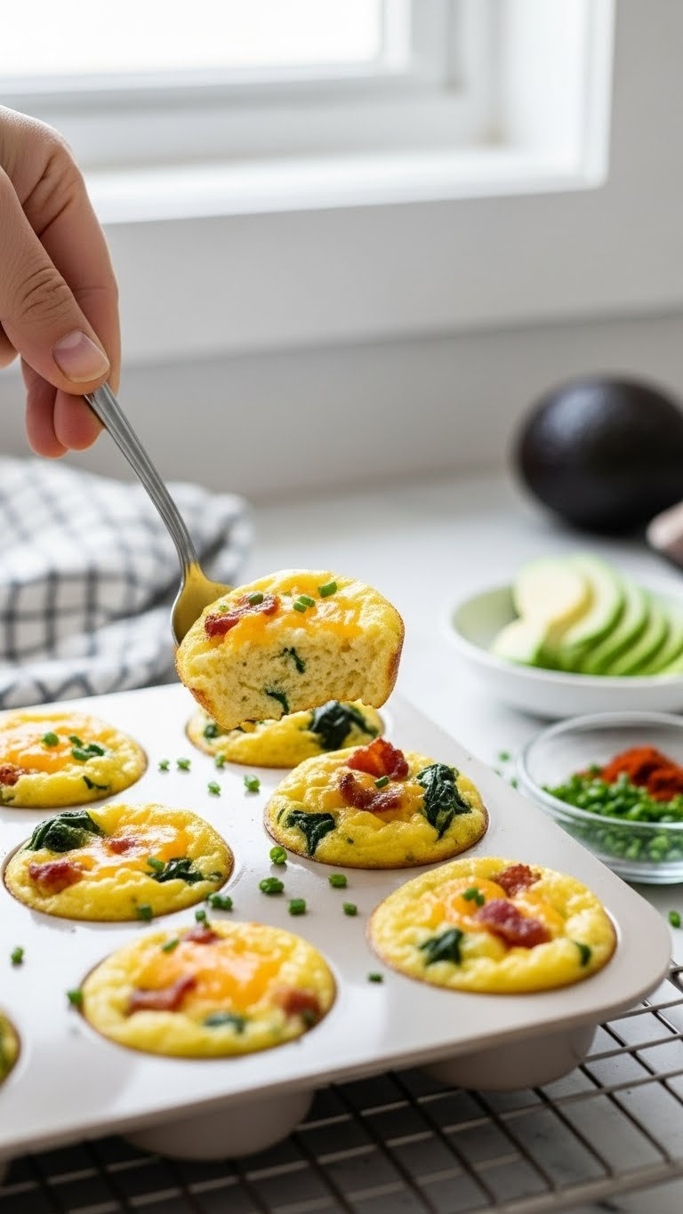 Fluffy Instant Pot Egg Bites With Spinach, Cheese, And Bacon In A Silicone Mold, Garnished With Chives And Avocado.