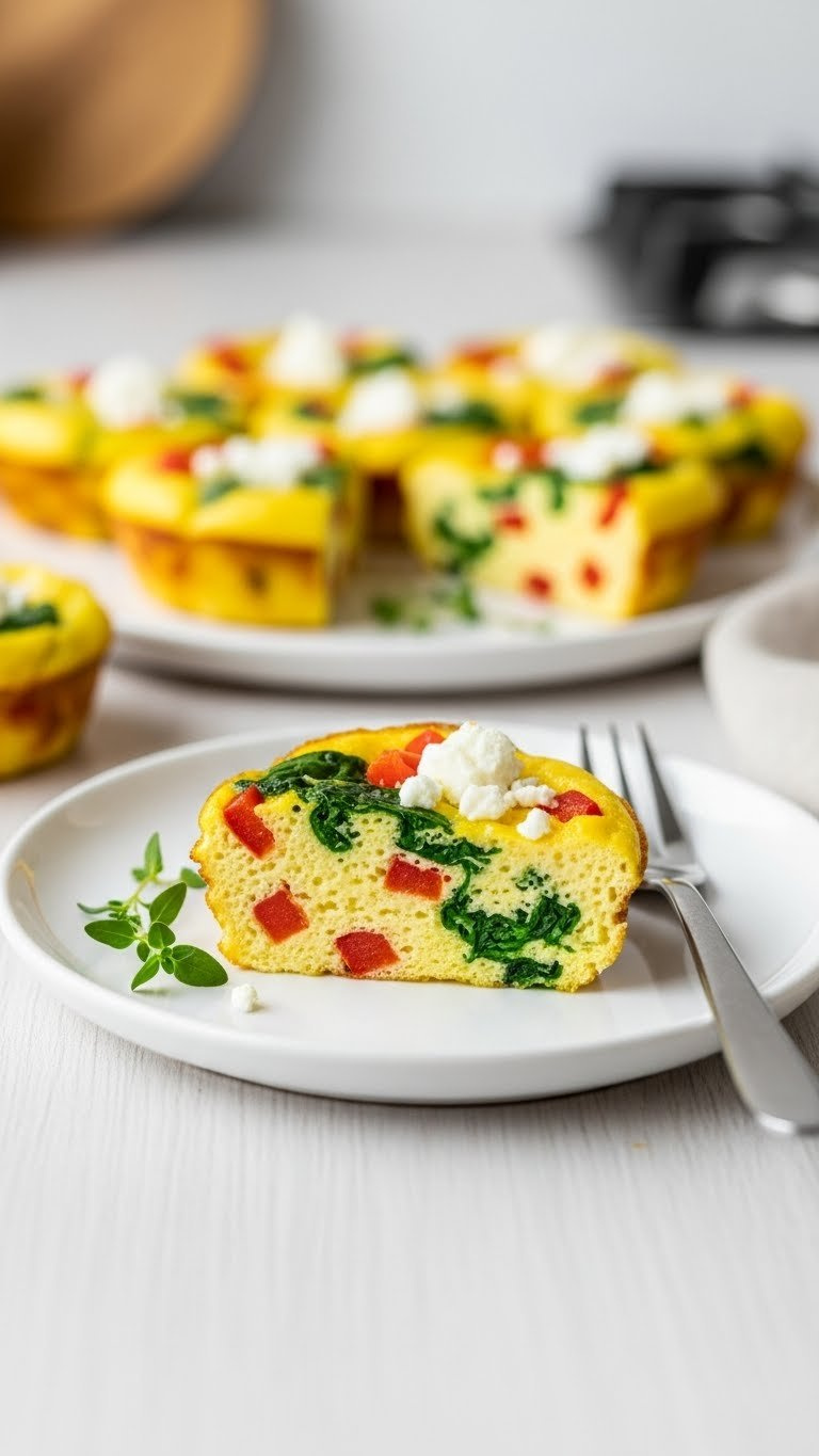 Fluffy Instant Pot Egg Bites With Spinach, Red Bell Pepper, And Feta Cheese On A White Plate With Herbs And A Fork.