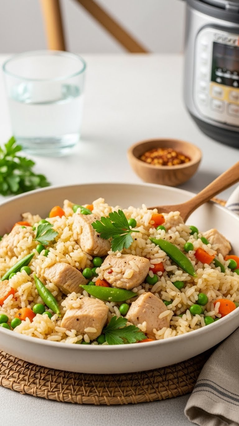 Fluffy Instant Pot One-Pot Chicken And Rice With Vibrant Peas, Carrots, And Parsley In A Rustic Ceramic Bowl.
