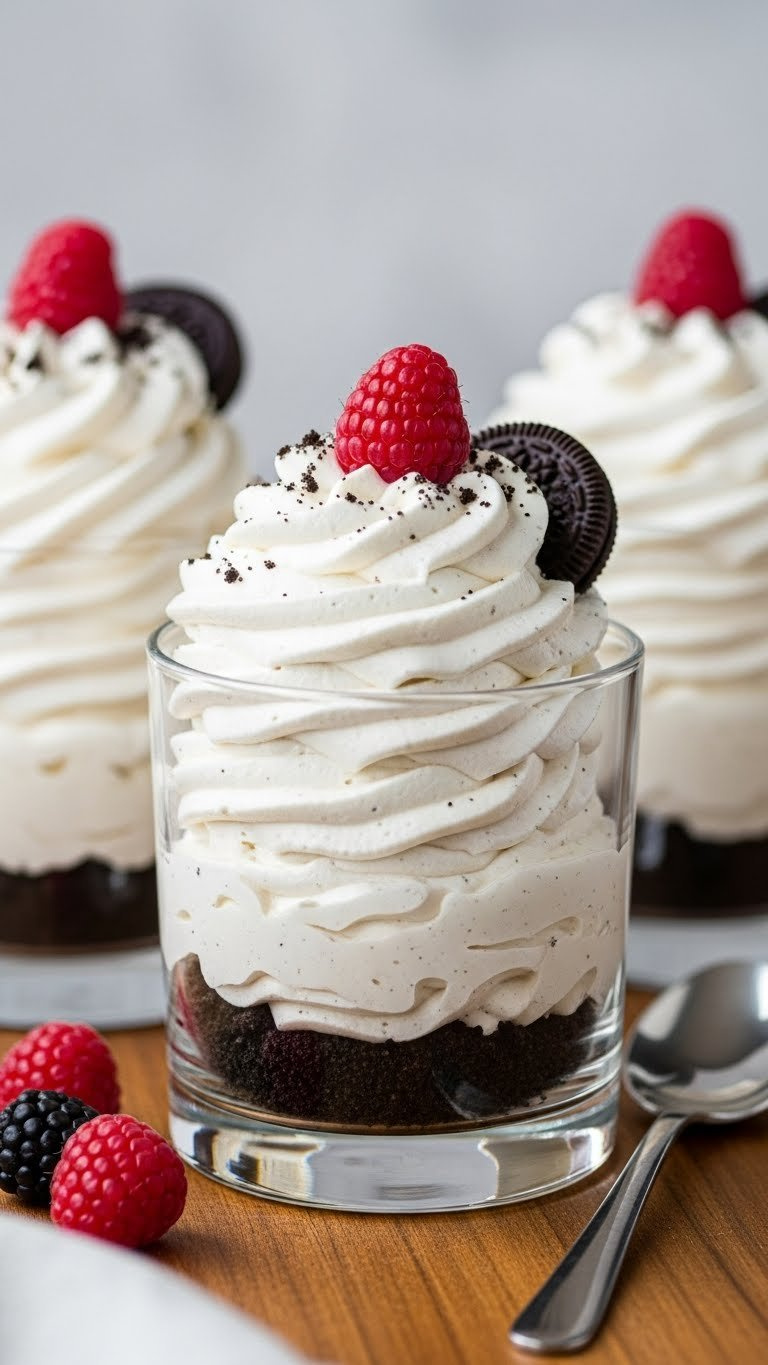 Fluffy Oreo Mousse In Glass Tumblers With Crushed Oreos And Fresh Raspberries. Light, Elegant Dessert On Wood Surface.
