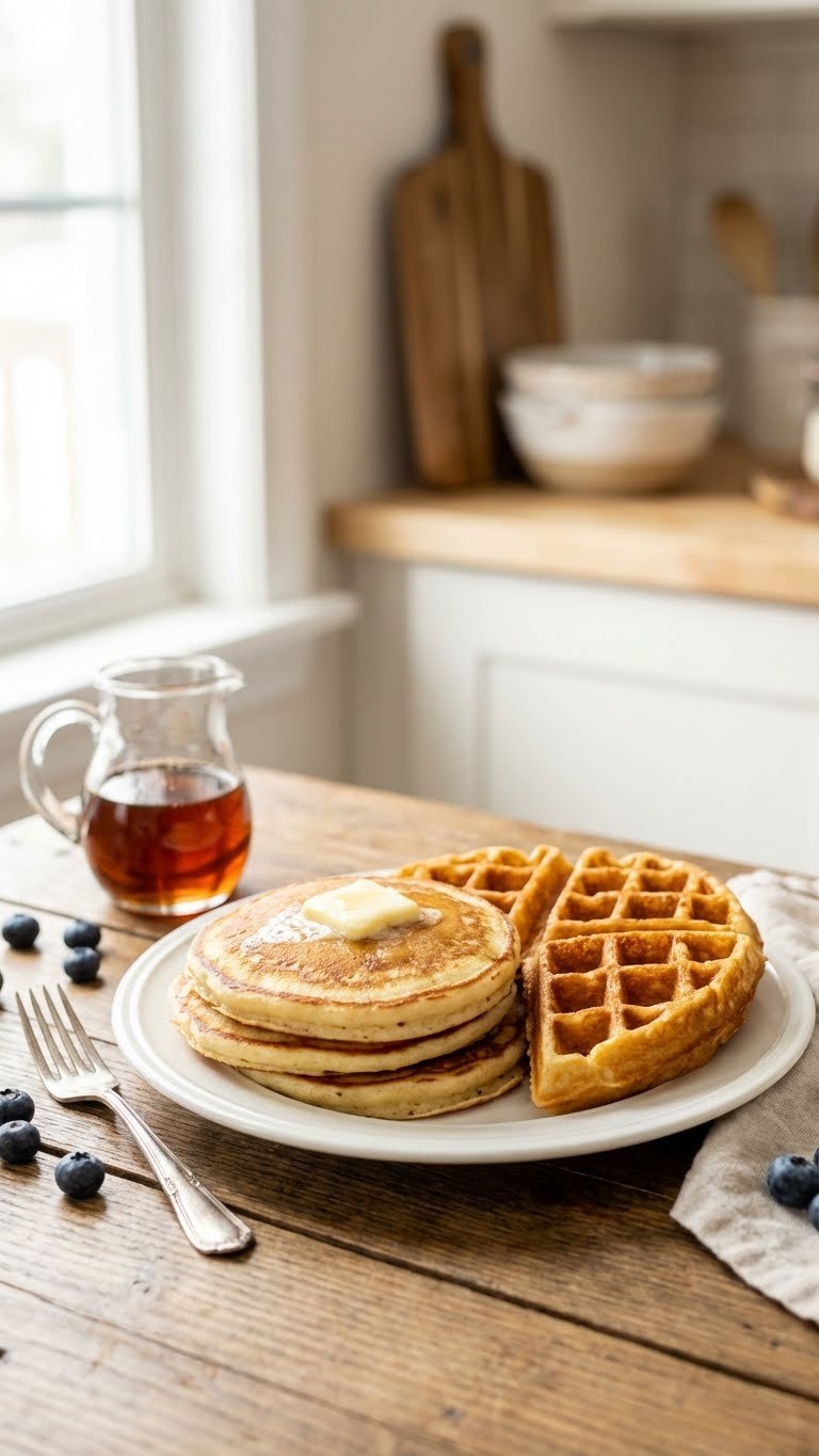 Fluffy Buttermilk Pancakes With Melting Butter Next To Crispy Golden Waffle. Maple Syrup, Blueberries, Cozy Kitchen Breakfast.
