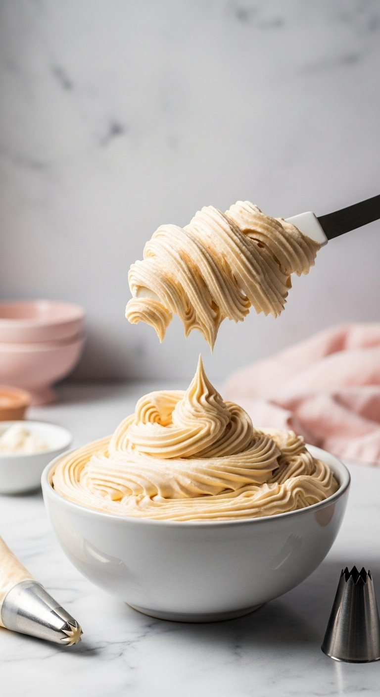 Fluffy Butterscotch Buttercream Frosting In A Bowl With A Spatula Lifting The Creamy Mixture On A Marble Counter.
