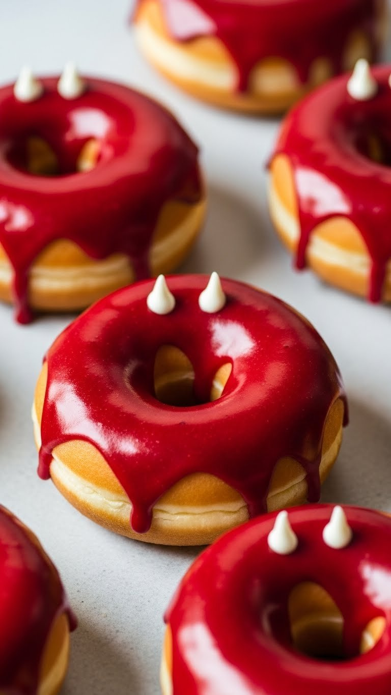 Fluffy Cake Donuts Dipped In Red Blood-Drip Glaze With White Pointed Vampire Fangs Creating Spooky Halloween Treat