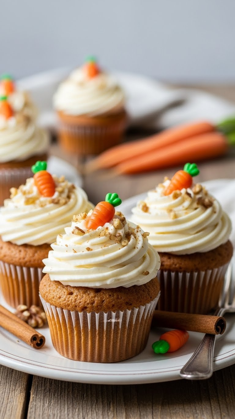 Fluffy Carrot Cake Cupcakes With Cream Cheese Frosting And Candied Carrot Decorations On Vintage Ceramic Plate