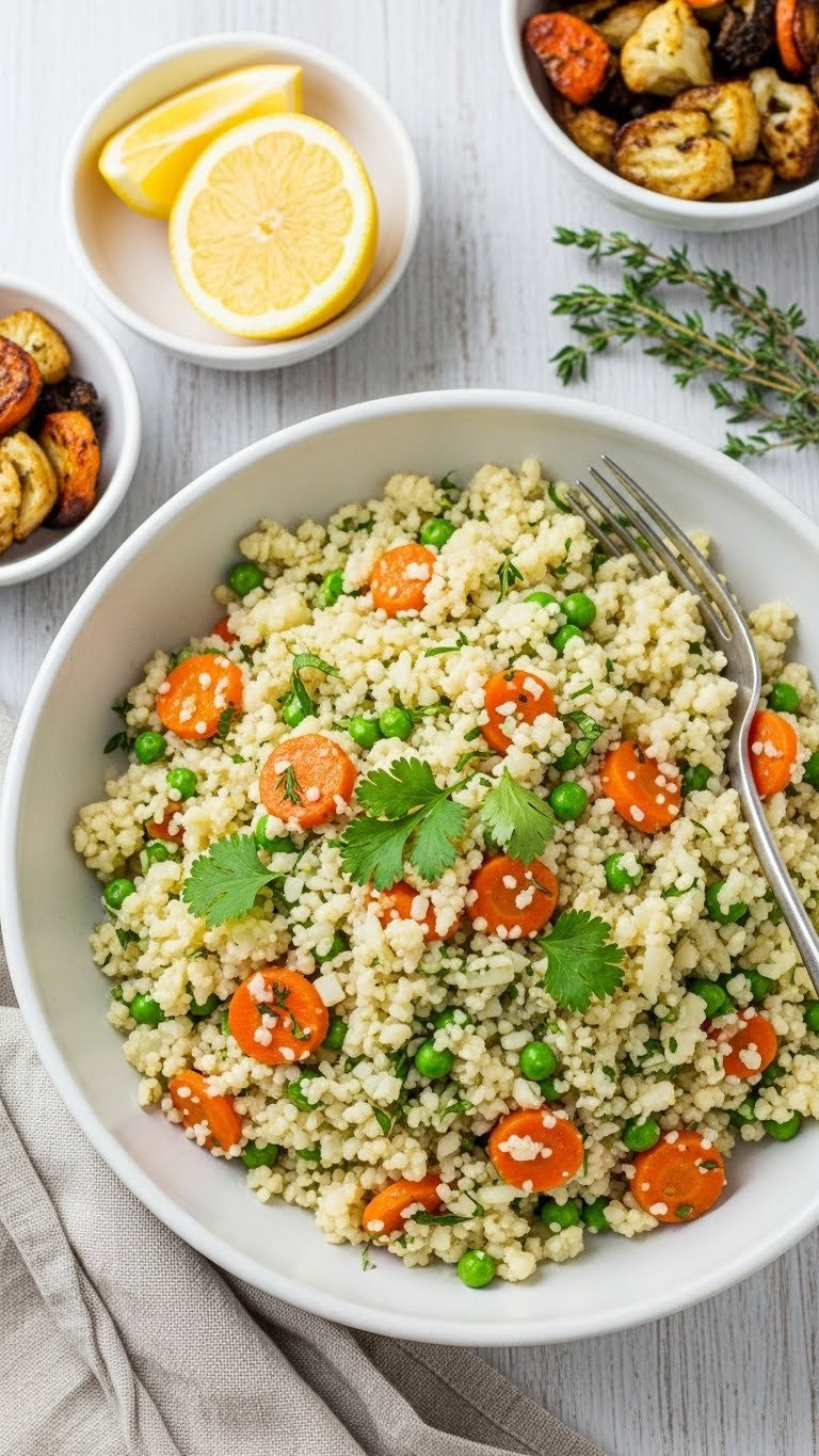 Fluffy Cauliflower Rice Pilaf With Sautéed Carrots, Peas, And Fresh Herbs, Garnished With Lemon On A Ceramic Dish.