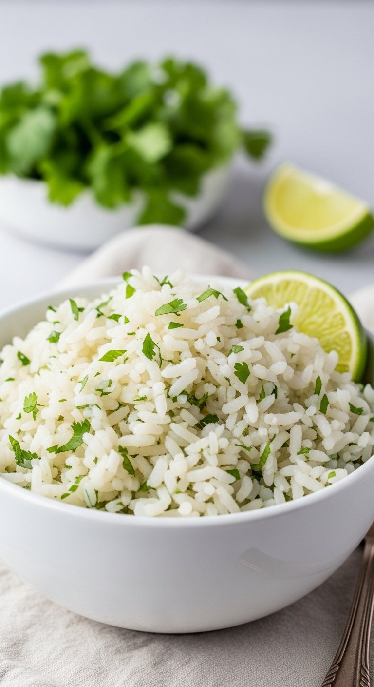 Fluffy Cilantro Lime Rice With Fresh Herbs In A White Bowl On A Light Linen Tablecloth.