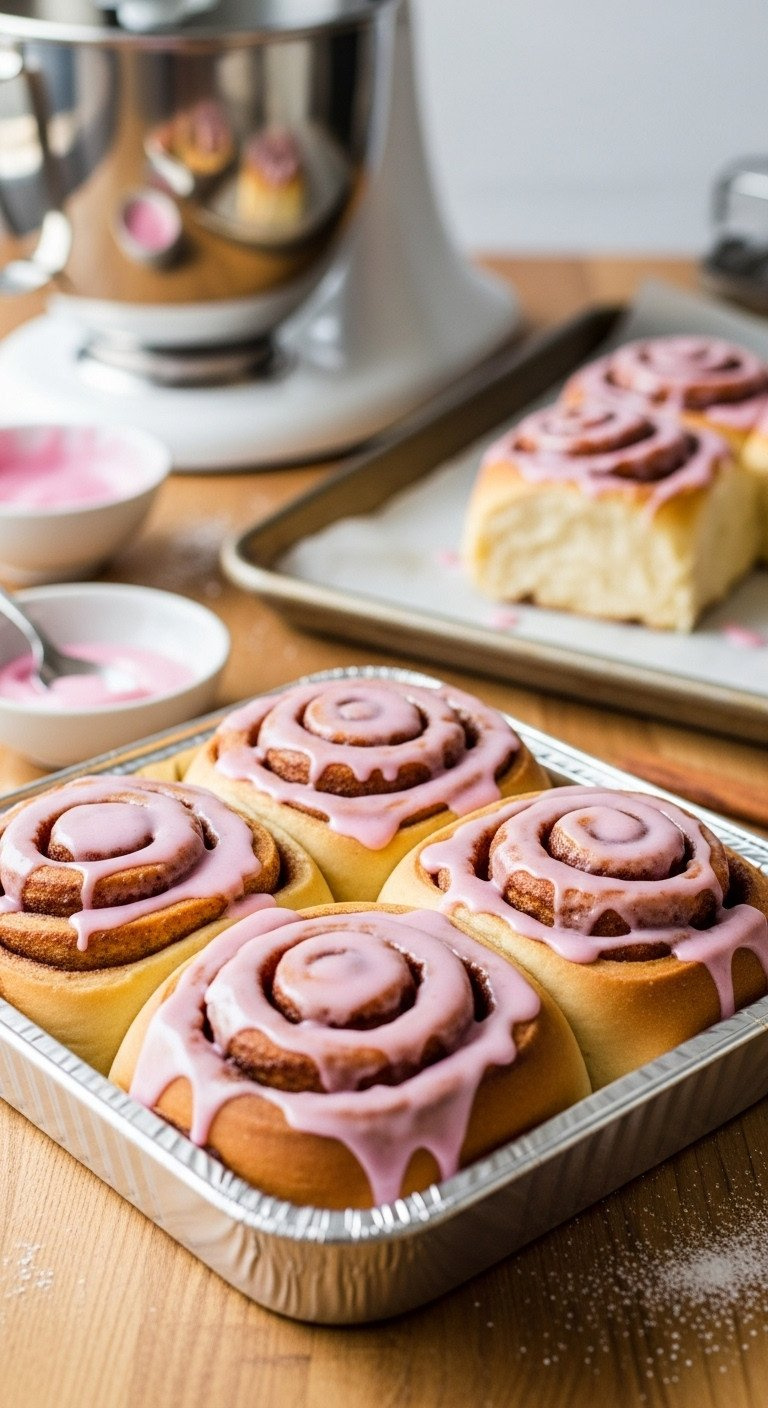 Fluffy Cinnamon Rolls With Glossy Pink Cream Cheese Glaze In A Catering Tray. Delicious Homemade Sweet Pastry.