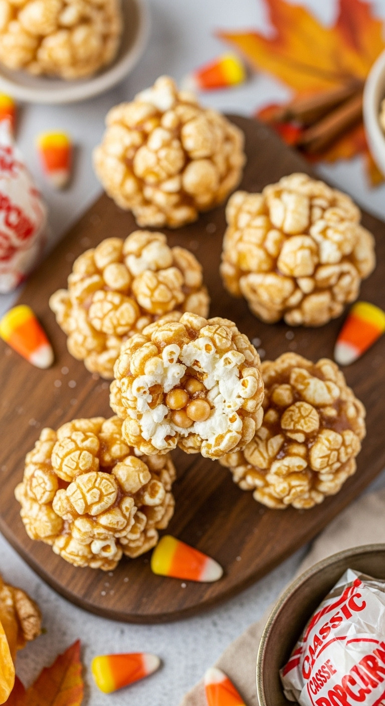 Fluffy Classic Popcorn Balls With Amber Glaze, On Rustic Wood With Candy Corn, Evoking A Nostalgic Autumn Treat.