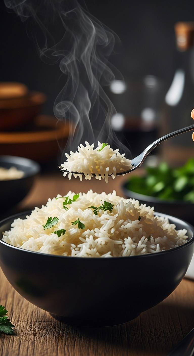 Fluffy Cooked Long Grain White Rice In A Black Serving Bowl With A Silver Fork And Fresh Chopped Parsley