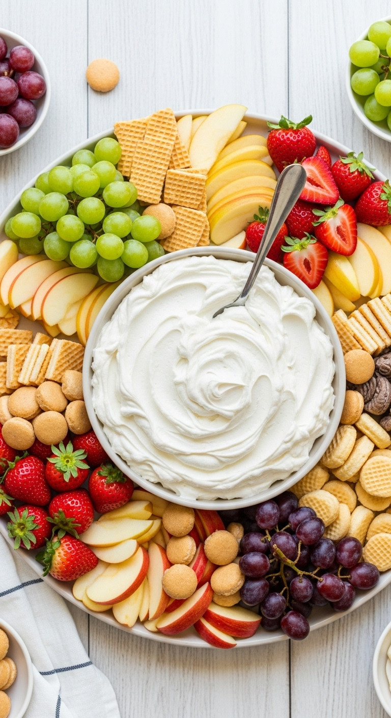 Fluffy Cream Cheese Fruit Dip With Sliced Apples, Strawberries, Grapes, And Vanilla Wafers On A Platter, Vibrant And Refreshing.