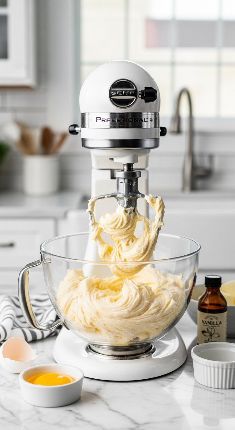 Fluffy Creamed Butter And Sugar In Stand Mixer Bowl On Clean Marble Countertop.