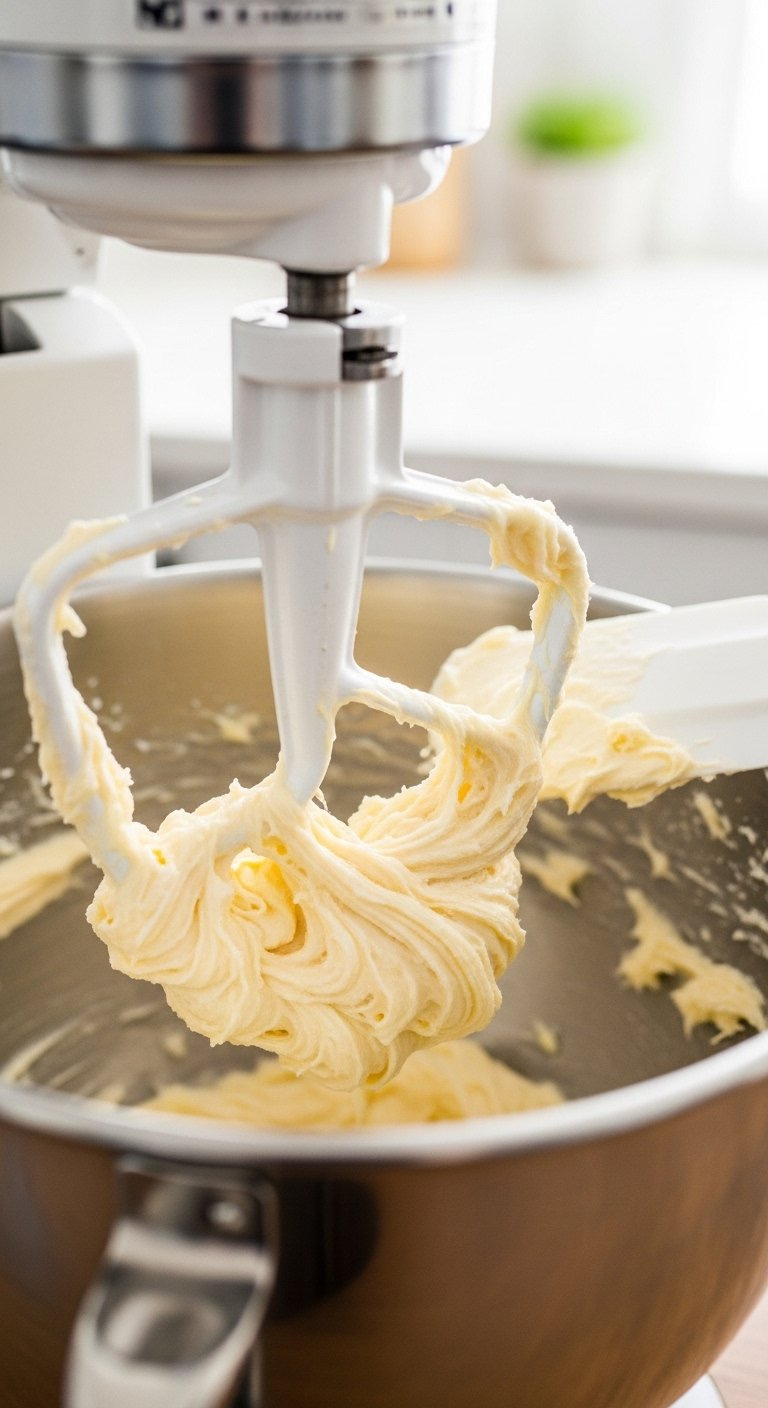 Fluffy Creamed Butter And Sugar Mixture In A Stainless Steel Stand Mixer Bowl Under Soft Daylight.