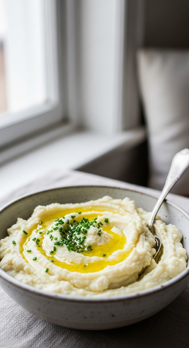 Fluffy, Creamy Cauliflower Mash With Ghee And Chives In A Rustic Ceramic Bowl With A Vintage Spoon For A Cozy Meal.