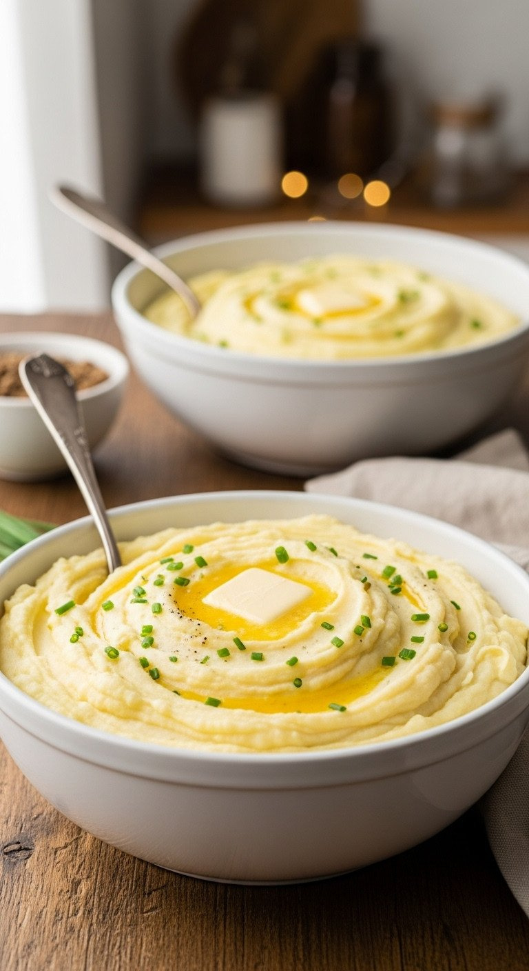 Fluffy Creamy Mashed Potatoes With Melting Butter And Chives In A White Bowl On A Rustic Table, A Delicious Holiday Side.