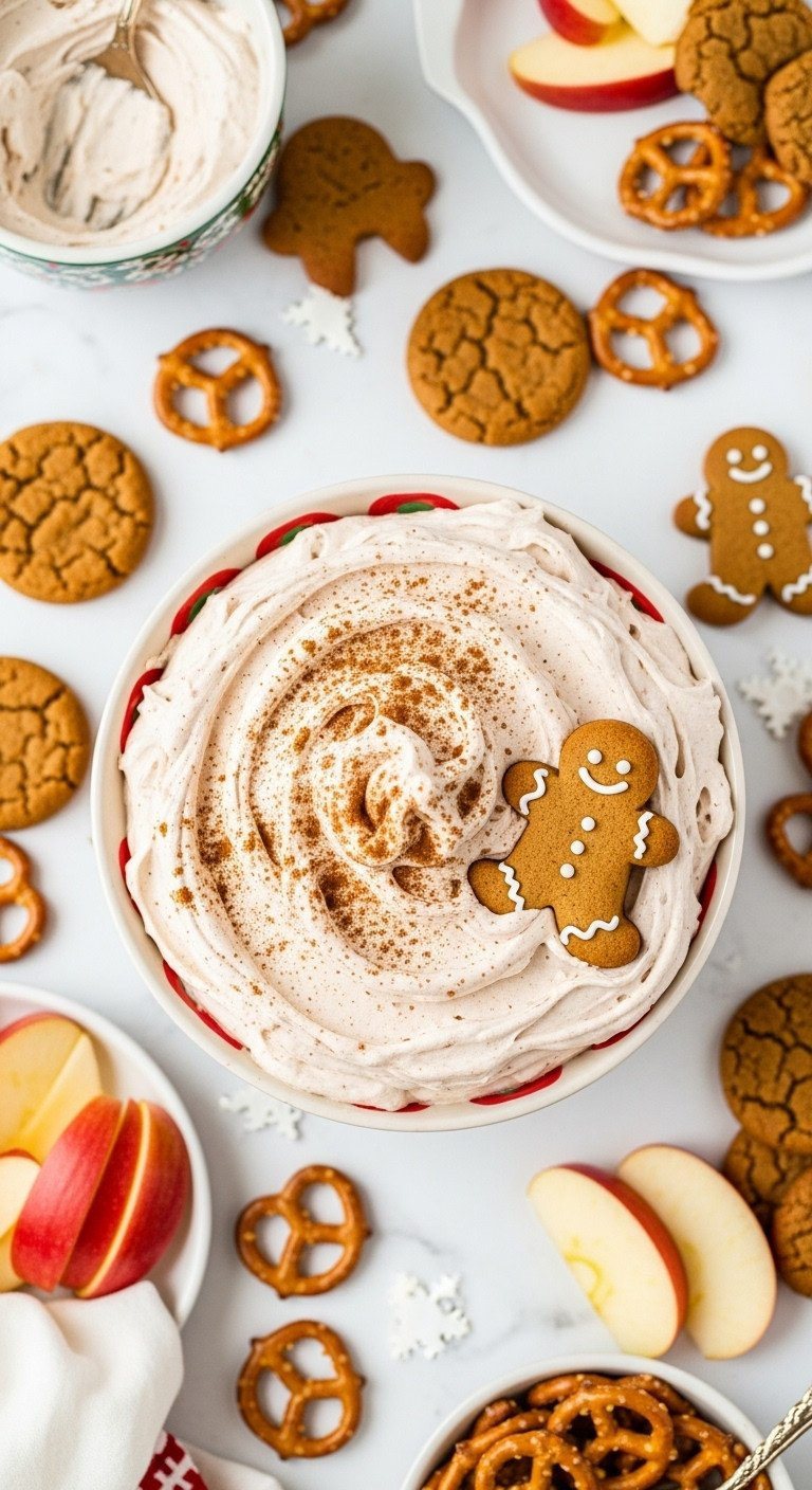 Fluffy Gingerbread Cheesecake Dip With Cinnamon &Amp; Gingerbread Man Cookie, Surrounded By Dippers. Sweet Festive Holiday Dessert.