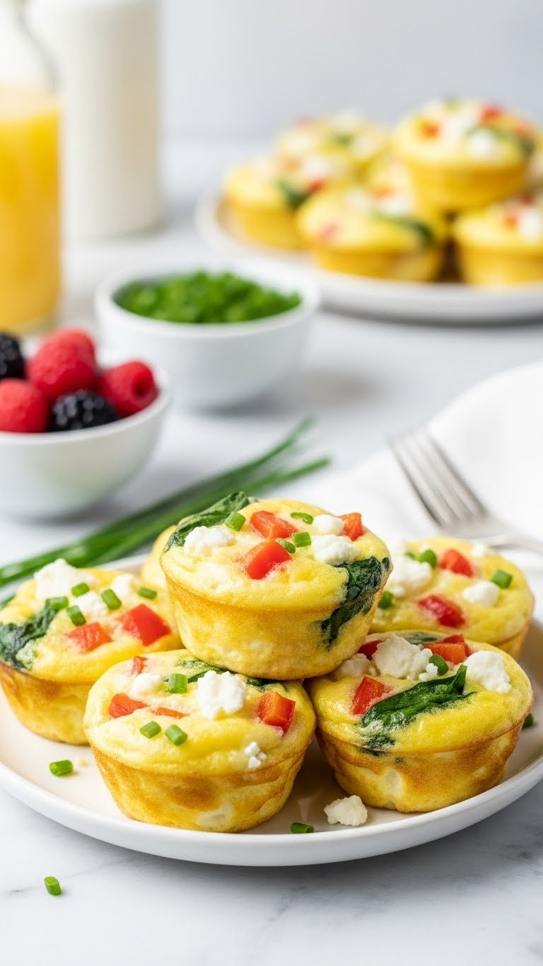 Fluffy Golden Instant Pot Egg Bites With Spinach, Bell Peppers, And Feta Cheese Arranged On A Clean White Plate.