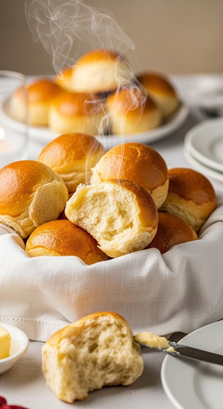 Fluffy Golden-Brown Dinner Rolls In A Linen-Lined Basket, One Broken Open, With Butter, On A Cozy Holiday Table.