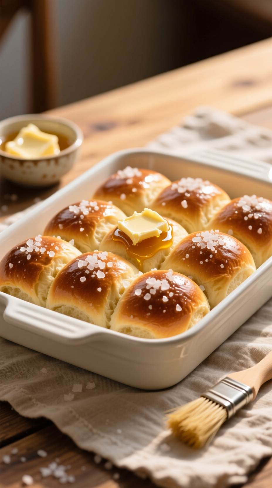 Fluffy Golden-Brown Dinner Rolls With Honey Butter And Sea Salt, Clustered In A White Ceramic Baking Dish On A Wooden Table.