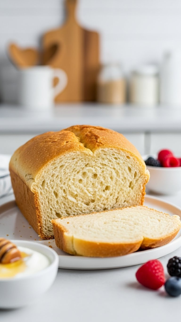 Fluffy Golden-Brown High-Protein Greek Yogurt Bread Loaf With Soft Crumb On White Ceramic Plate With Yogurt Bowl.