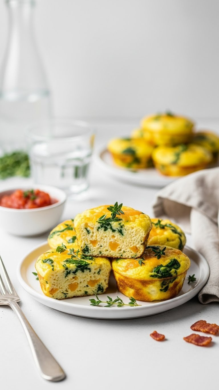 Fluffy Golden-Brown Keto Egg Bites With Spinach And Cheddar On A White Plate, Perfect For A Healthy Breakfast.