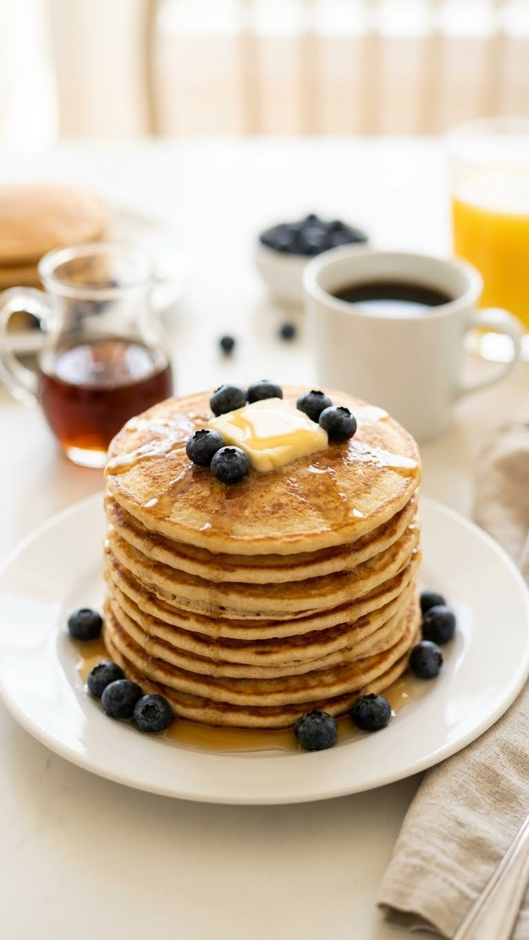 Fluffy Golden-Brown Vegan Pancakes Stacked With Maple Syrup, Vegan Butter, And Fresh Blueberries On A White Plate.